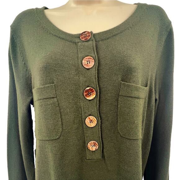 Soft Surroundings Sweater Women's Size M Green Wood Style Buttons Pockets Cozy - Picture 3 of 8